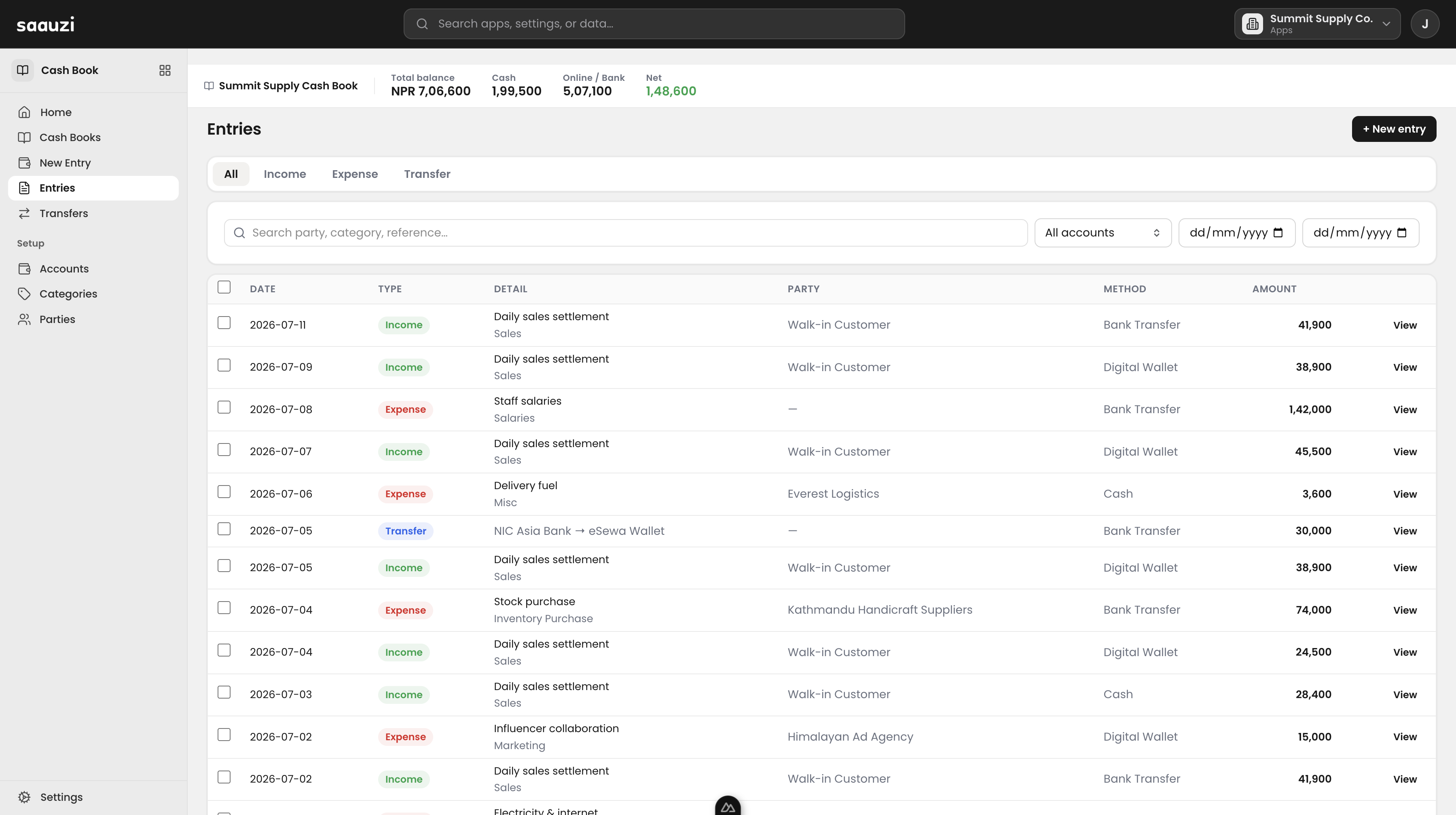 Saauzi Cash Book — entries ledger with income, expense and transfers